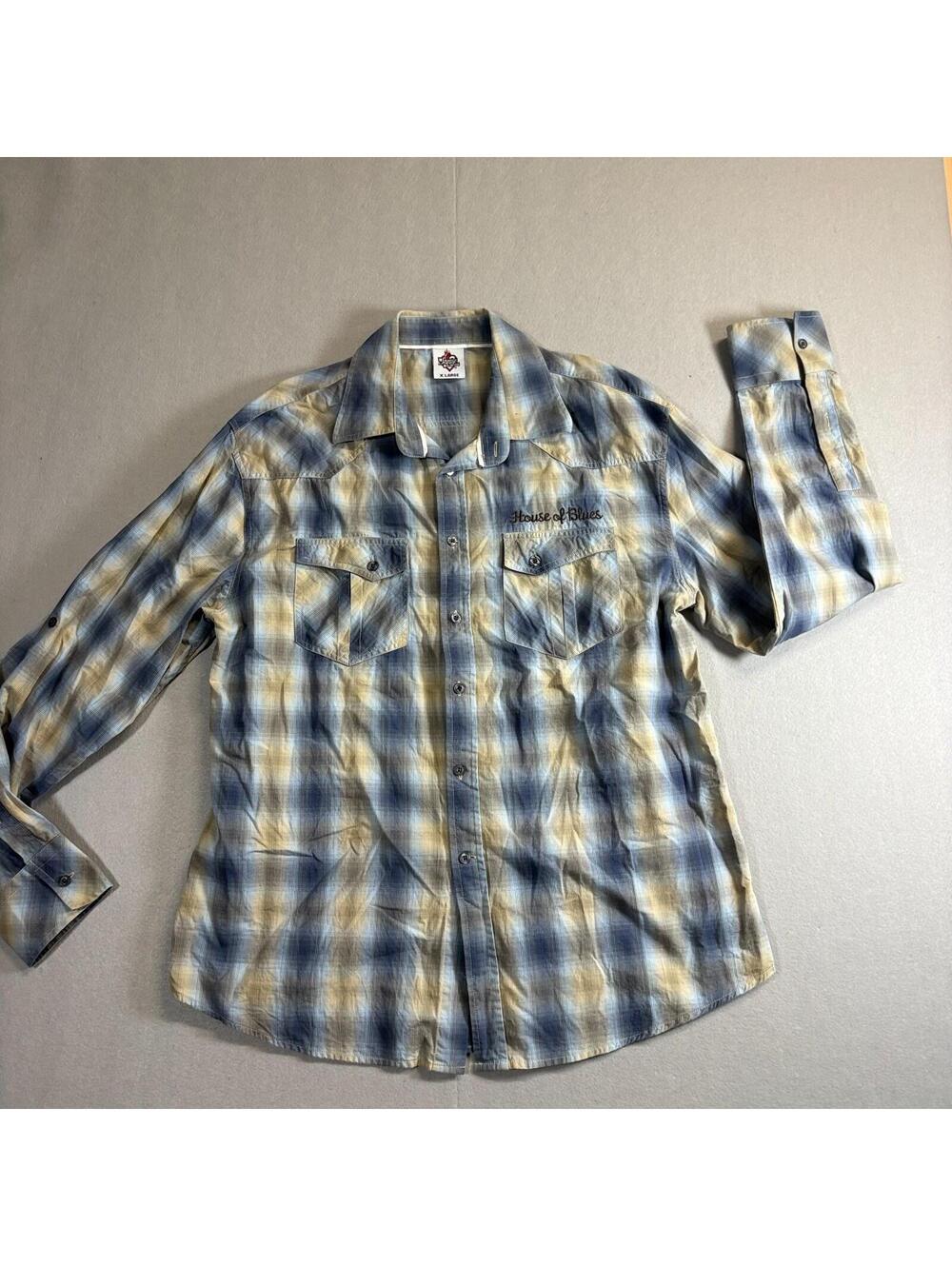 House Of Blues Plaid Western Shirt XL Fits Like XL Rockabilly Skull Button Up